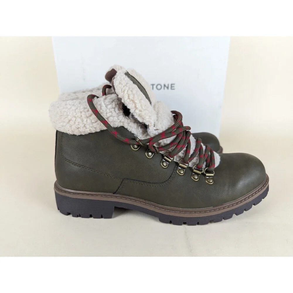 Sun Stone Glenn Winter Boots Mens 7.5 M Olive Faux Fur Trimmed Lace Up Shoes NWB